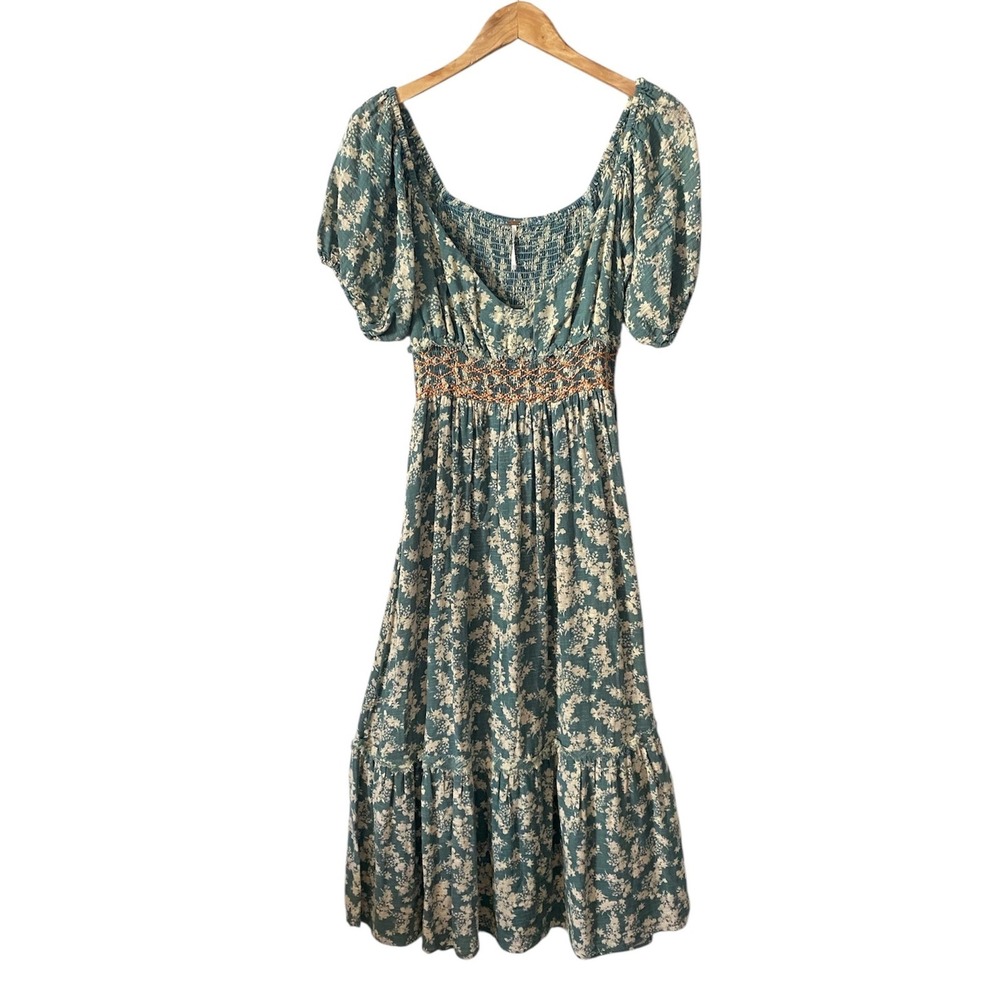 Free People Seafoam Floral Smocked Babydoll Boho Cottagecore Midi Dress Sz Sm